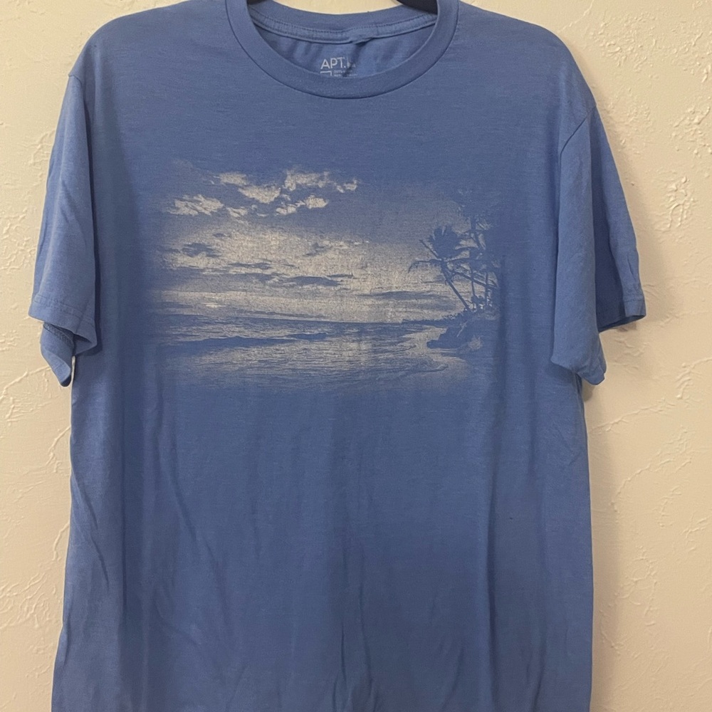 APT. 9 graphic t-shirt featuring a faded beach sunset print.